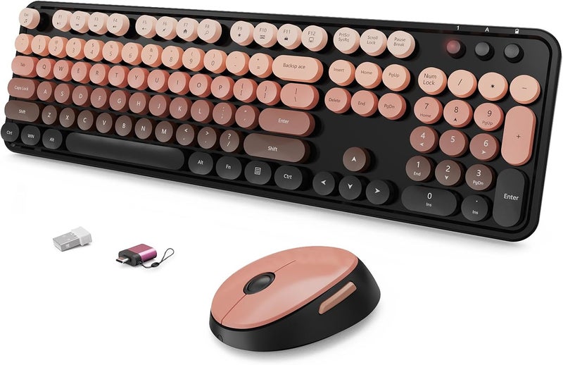 SkyGive Wireless Keyboard and Mouse Combo, Ergonomic Full Size Typewriter Retro Round Keycaps Keyboard, Compatible with Windows, PC, Perfer for Home and Office Keyboards (Aurora Red) - Image 1